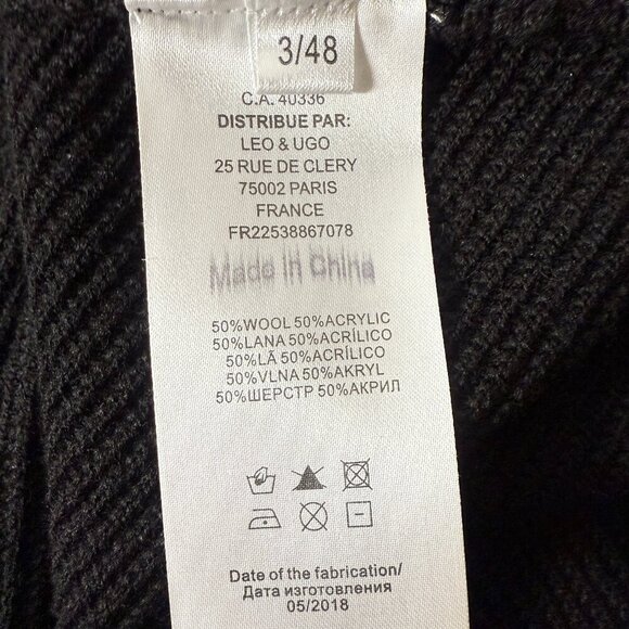 Leo & Ugo Black Quarter Zip Wool Blend 3/48 - Picture 2 of 8